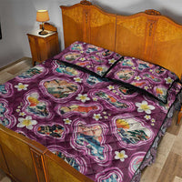 Hawaii Islands Map Design with Japanese Landscape Quilt Bed Set Hawaiian Japan Fusion Art Pink Color