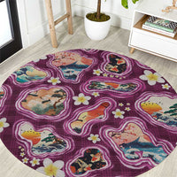 Hawaii Islands Map Design with Japanese Landscape Round Carpet Hawaiian Japan Fusion Art Pink Color