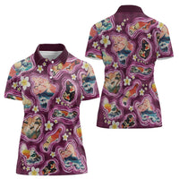Hawaii Islands Map Design with Japanese Landscape Women Polo Shirt Hawaiian Japan Fusion Art Pink Color LT03 - Polynesian Pride