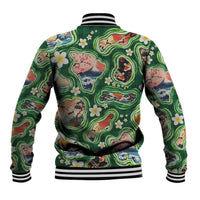 Hawaiian and Japanese Culture Together Baseball Jacket Hawaiian Island Shapes with Japanese Landscape Green Color LT03 - Polynesian Pride