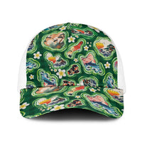 Hawaiian and Japanese Culture Together Baseball Net Cap Hawaiian Island Shapes with Japanese Landscape Green Color LT03 One Size White Green - Polynesian Pride