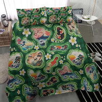Hawaiian and Japanese Culture Together Bedding Set Hawaiian Island Shapes with Japanese Landscape Green Color LT03 - Polynesian Pride
