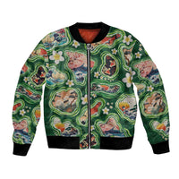 Hawaiian and Japanese Culture Together Bomber Jacket Hawaiian Island Shapes with Japanese Landscape Green Color LT03 Unisex Green - Polynesian Pride