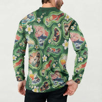 Hawaiian and Japanese Culture Together Button Sweatshirt Hawaiian Island Shapes with Japanese Landscape Green Color LT03 - Polynesian Pride