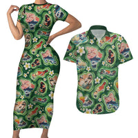 Hawaiian and Japanese Culture Together Couples Matching Short Sleeve Bodycon Dress and Hawaiian Shirt Hawaiian Island Shapes with Japanese Landscape Green Color LT03 Green - Polynesian Pride