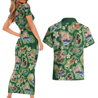 Hawaiian and Japanese Culture Together Couples Matching Short Sleeve Bodycon Dress and Hawaiian Shirt Hawaiian Island Shapes with Japanese Landscape Green Color LT03 - Polynesian Pride
