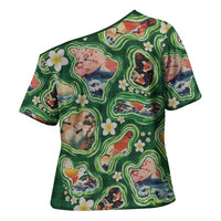 Hawaiian and Japanese Culture Together Cross Shoulder Shirt Hawaiian Island Shapes with Japanese Landscape Green Color LT03 - Polynesian Pride