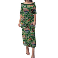 Hawaiian and Japanese Culture Together Family Matching Puletasi and Hawaiian Shirt Hawaiian Island Shapes with Japanese Landscape Green Color LT03 Mom's Dress Green - Polynesian Pride