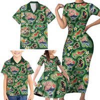 Hawaiian and Japanese Culture Together Family Matching Short Sleeve Bodycon Dress and Hawaiian Shirt Hawaiian Island Shapes with Japanese Landscape Green Color LT03 - Polynesian Pride