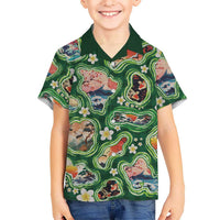 Hawaiian and Japanese Culture Together Family Matching Short Sleeve Bodycon Dress and Hawaiian Shirt Hawaiian Island Shapes with Japanese Landscape Green Color LT03 Son's Shirt Green - Polynesian Pride