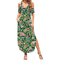 Hawaiian and Japanese Culture Together Family Matching Summer Maxi Dress and Hawaiian Shirt Hawaiian Island Shapes with Japanese Landscape Green Color LT03 Mom's Dress Green - Polynesian Pride