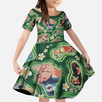 Hawaiian and Japanese Culture Together Kid Short Sleeve Dress Hawaiian Island Shapes with Japanese Landscape Green Color LT03 KID Green - Polynesian Pride