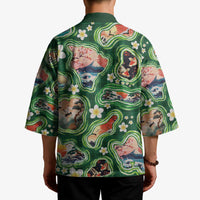 Hawaiian and Japanese Culture Together Kimono Hawaiian Island Shapes with Japanese Landscape Green Color LT03 - Polynesian Pride