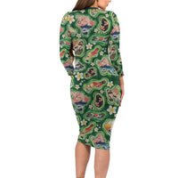 Hawaiian and Japanese Culture Together Long Sleeve Bodycon Dress Hawaiian Island Shapes with Japanese Landscape Green Color LT03 - Polynesian Pride