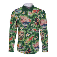 Hawaiian and Japanese Culture Together Long Sleeve Button Shirt Hawaiian Island Shapes with Japanese Landscape Green Color LT03 Unisex Green - Polynesian Pride