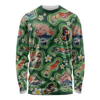 Hawaiian and Japanese Culture Together Long Sleeve Shirt Hawaiian Island Shapes with Japanese Landscape Green Color LT03 Unisex Green - Polynesian Pride
