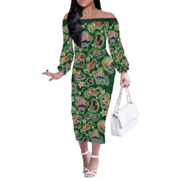 Hawaiian and Japanese Culture Together Off The Shoulder Long Sleeve Dress Hawaiian Island Shapes with Japanese Landscape Green Color LT03 Women Green - Polynesian Pride