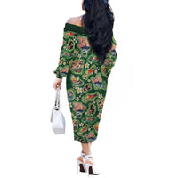 Hawaiian and Japanese Culture Together Off The Shoulder Long Sleeve Dress Hawaiian Island Shapes with Japanese Landscape Green Color LT03 - Polynesian Pride