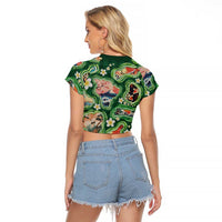 Hawaiian and Japanese Culture Together Raglan Cropped T Shirt Hawaiian Island Shapes with Japanese Landscape Green Color LT03 - Polynesian Pride