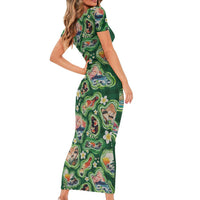 Hawaiian and Japanese Culture Together Short Sleeve Bodycon Dress Hawaiian Island Shapes with Japanese Landscape Green Color LT03 - Polynesian Pride