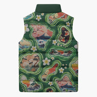 Hawaiian and Japanese Culture Together Sleeveless Puffer Jacket Hawaiian Island Shapes with Japanese Landscape Green Color LT03 - Polynesian Pride