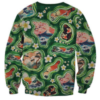 Hawaiian and Japanese Culture Together Sweatshirt Hawaiian Island Shapes with Japanese Landscape Green Color LT03 - Polynesian Pride