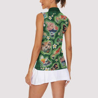 Hawaiian and Japanese Culture Together Women Sleeveless Polo Shirt Hawaiian Island Shapes with Japanese Landscape Green Color LT03 - Polynesian Pride