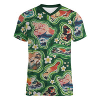 Hawaiian and Japanese Culture Together Women V-Neck T-Shirt Hawaiian Island Shapes with Japanese Landscape Green Color LT03 Female Green - Polynesian Pride
