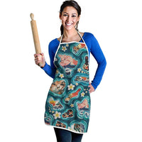 Hawaiian and Japanese Culture Together Apron Hawaiian Island Shapes with Japanese Landscape Teal Color LT03 - Polynesian Pride