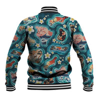 Hawaiian and Japanese Culture Together Baseball Jacket Hawaiian Island Shapes with Japanese Landscape Teal Color LT03 - Polynesian Pride