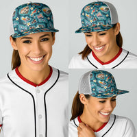 Hawaiian and Japanese Culture Together Baseball Net Cap Hawaiian Island Shapes with Japanese Landscape Teal Color LT03 - Polynesian Pride