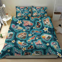 Hawaiian and Japanese Culture Together Bedding Set Hawaiian Island Shapes with Japanese Landscape Teal Color