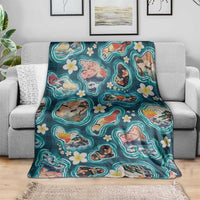 Hawaiian and Japanese Culture Together Blanket Hawaiian Island Shapes with Japanese Landscape Teal Color LT03 - Polynesian Pride