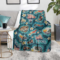 Hawaiian and Japanese Culture Together Blanket Hawaiian Island Shapes with Japanese Landscape Teal Color LT03 - Polynesian Pride