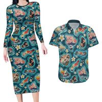 Hawaiian and Japanese Culture Together Couples Matching Long Sleeve Bodycon Dress and Hawaiian Shirt Hawaiian Island Shapes with Japanese Landscape Teal Color LT03 Teal - Polynesian Pride