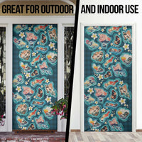 Hawaiian and Japanese Culture Together Door Cover Hawaiian Island Shapes with Japanese Landscape Teal Color LT03 - Polynesian Pride