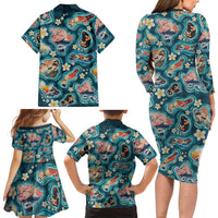 Hawaiian and Japanese Culture Together Family Matching Long Sleeve Bodycon Dress and Hawaiian Shirt Hawaiian Island Shapes with Japanese Landscape Teal Color LT03 - Polynesian Pride