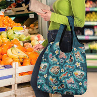 Hawaiian and Japanese Culture Together Grocery Bag Hawaiian Island Shapes with Japanese Landscape Teal Color LT03 - Polynesian Pride
