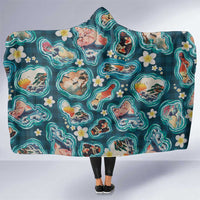 Hawaiian and Japanese Culture Together Hooded Blanket Hawaiian Island Shapes with Japanese Landscape Teal Color LT03 One Size Teal - Polynesian Pride