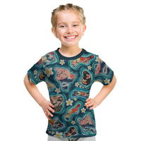 Hawaiian and Japanese Culture Together Kid T Shirt Hawaiian Island Shapes with Japanese Landscape Teal Color LT03 Teal - Polynesian Pride