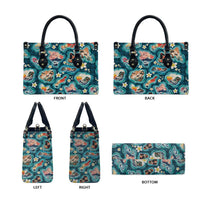 Hawaiian and Japanese Culture Together Leather Bag Hawaiian Island Shapes with Japanese Landscape Teal Color LT03 - Polynesian Pride
