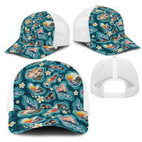 Hawaiian and Japanese Culture Together Mesh Trucker Cap Hawaiian Island Shapes with Japanese Landscape Teal Color LT03 - Polynesian Pride