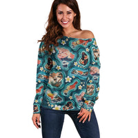 Hawaiian and Japanese Culture Together Off Shoulder Sweater Hawaiian Island Shapes with Japanese Landscape Teal Color LT03 Women Teal - Polynesian Pride