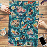 Hawaiian and Japanese Culture Together Puzzle Hawaiian Island Shapes with Japanese Landscape Teal Color LT03 Teal - Polynesian Pride