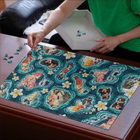 Hawaiian and Japanese Culture Together Puzzle Hawaiian Island Shapes with Japanese Landscape Teal Color LT03 - Polynesian Pride
