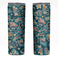 Hawaiian and Japanese Culture Together Skinny Tumbler Hawaiian Island Shapes with Japanese Landscape Teal Color