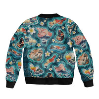 Hawaiian and Japanese Culture Together Sleeve Zip Bomber Jacket Hawaiian Island Shapes with Japanese Landscape Teal Color LT03 - Polynesian Pride