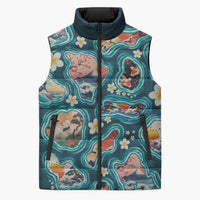 Hawaiian and Japanese Culture Together Sleeveless Puffer Jacket Hawaiian Island Shapes with Japanese Landscape Teal Color LT03 Unisex Teal - Polynesian Pride