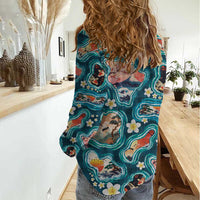 Hawaiian and Japanese Culture Together Women Casual Shirt Hawaiian Island Shapes with Japanese Landscape Teal Color LT03 - Polynesian Pride