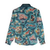 Hawaiian and Japanese Culture Together Women Casual Shirt Hawaiian Island Shapes with Japanese Landscape Teal Color LT03 - Polynesian Pride